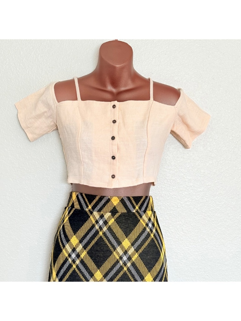 ASTR Ramie Cream Coquette Cottage Fairy Off-Shoulder Peasant Crop Blouse Sz S